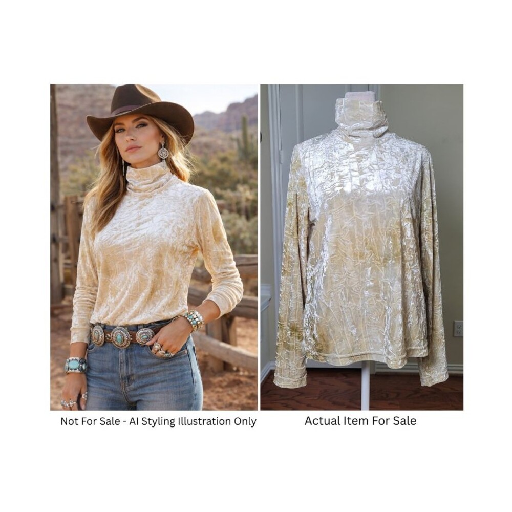 Sno Skins Crushed Velvet Burnout Turtleneck Top Women L Ivory Ombre Western Y2k